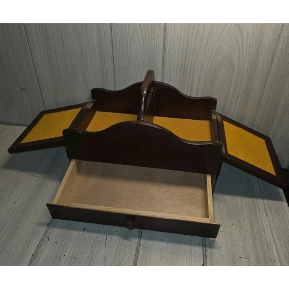 Vintage Sewing Box Duel Pin Cushion Top Drawer Velvet Interior Dark Wood Country